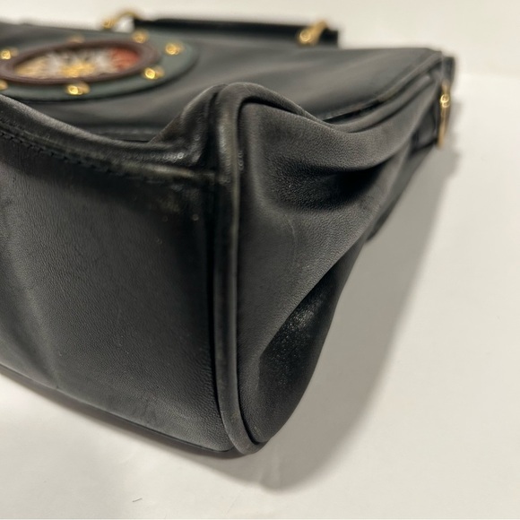Vintage Donnio Italian Black Leather Satchel Purse with Sunburst Design, Unique - Picture 6 of 16